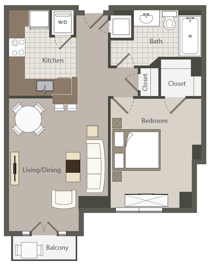 Floor plan for 1 bed, 1 bath, 595 sqft